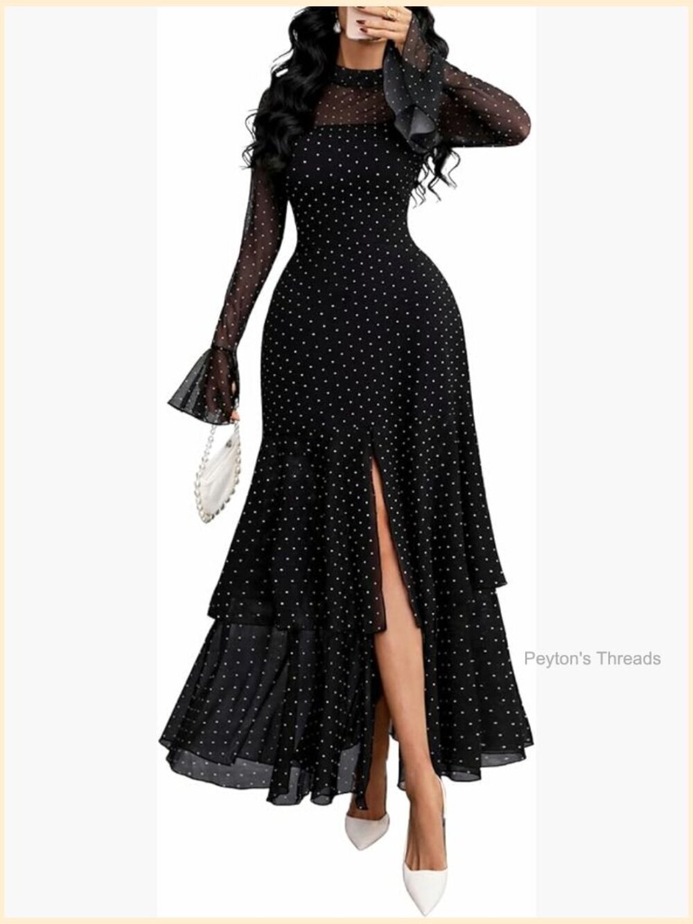 Elegant Polka Dot Mesh Long Sleeve Maxi Dress Bell Sleeve Ruffle Split